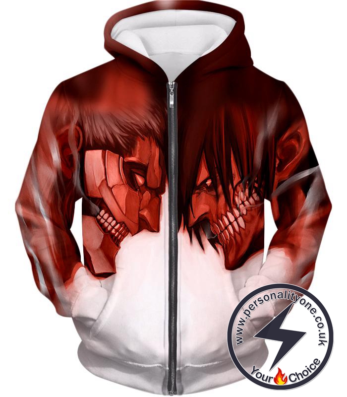 Attack on Titan Cool Armoured Titan Vs Eren Yeager White Printed Zip Up Hoodie